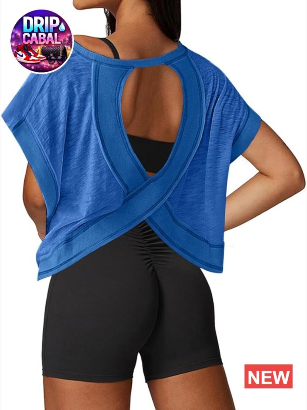 Open Back Crop Tee Athletic Top Short Sleeve Loose Fit Boat Neck Running Yoga